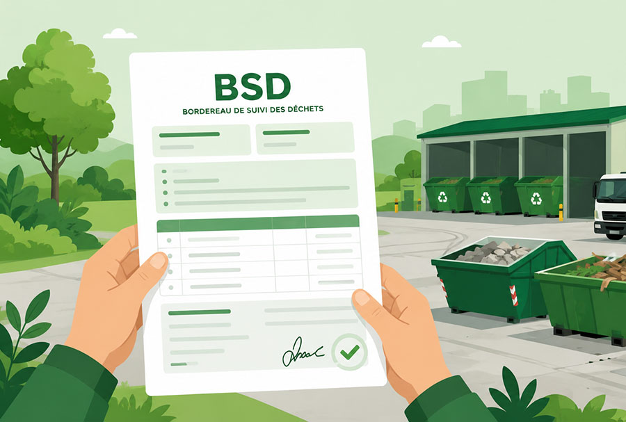 Illustration d’un BSD avec bennes de recyclage en arrière-plan Illustration d’un bordereau de suivi des déchets BSD tenu à la main, avec des bennes vertes, un camion de collecte et un centre de recyclage en arrière-plan.